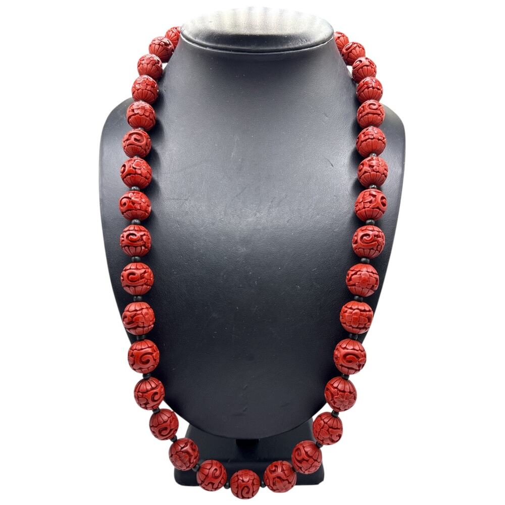 Vintage Authentic Hand-Carved Red Cinnabar Bead Necklace with Filigree Clasp 26”